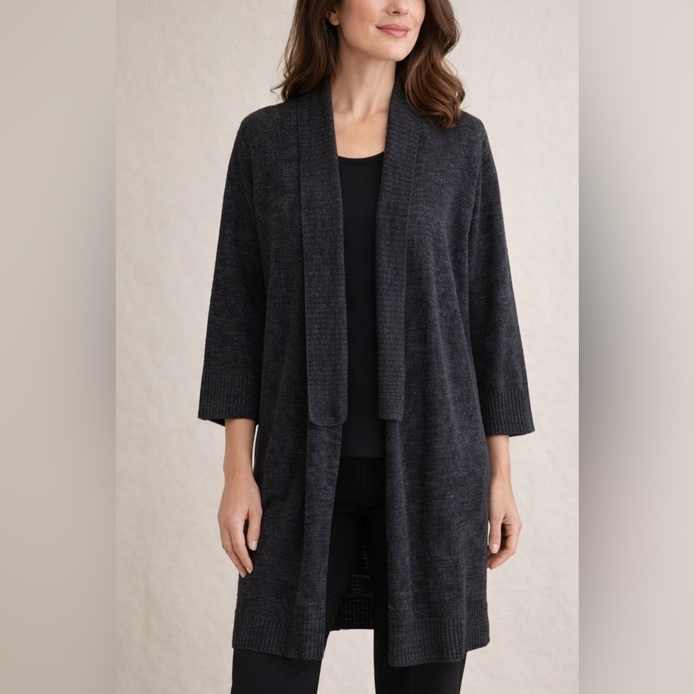 Eileen Fisher Charcoal Gray Cardigan Womens Sz L Cotton Knit Sweater Open Front